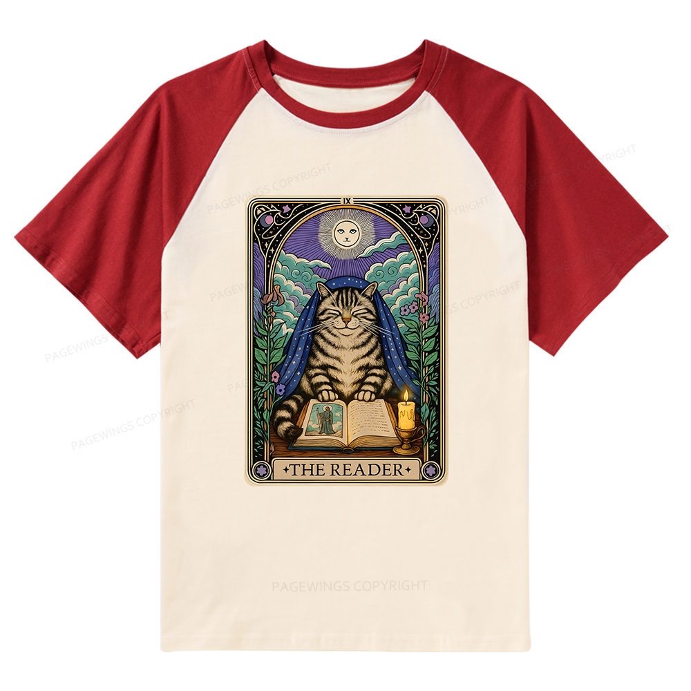 Pagewings The Reader Cat Tarot Cards Raglan T-shirt