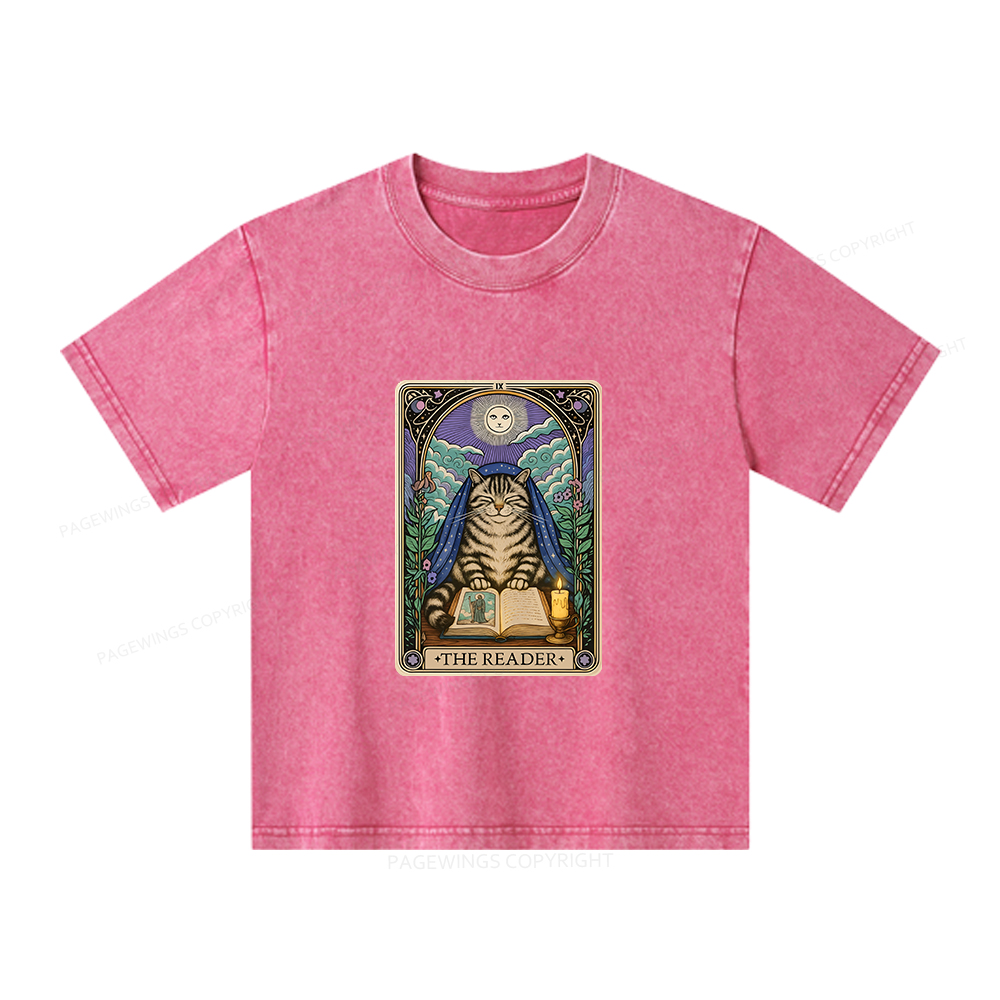 Pagewings The Reader Cat Tarot Cards Unisex Kids Washed T-shirt