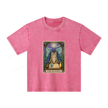 Pagewings The Reader Cat Tarot Cards Unisex Kids Washed T-shirt