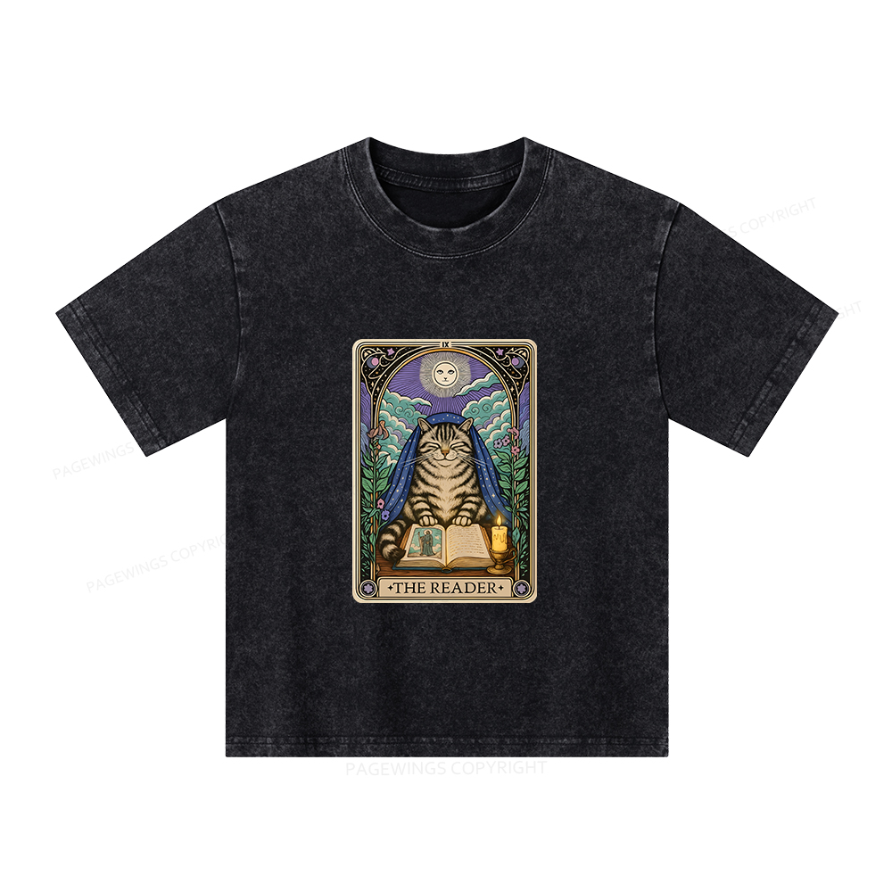 Pagewings The Reader Cat Tarot Cards Unisex Kids Washed T-shirt