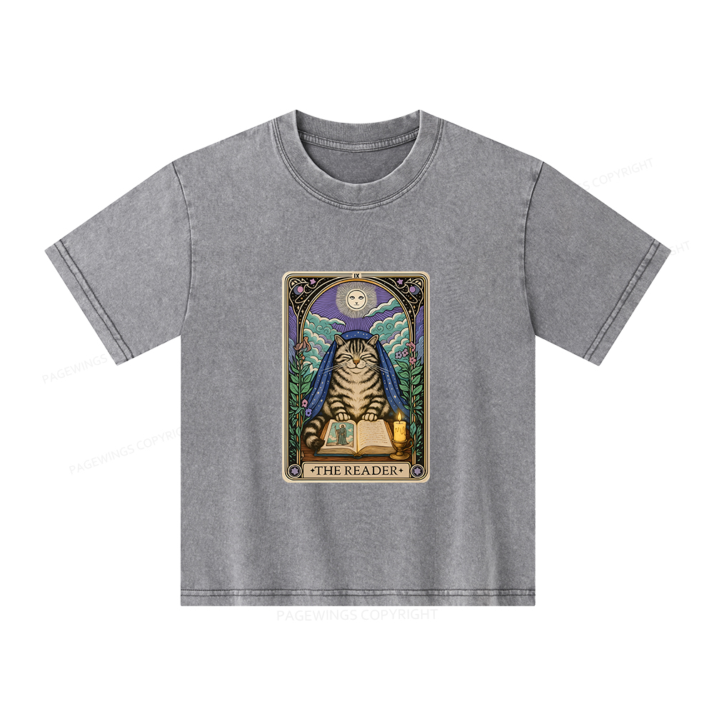 Pagewings The Reader Cat Tarot Cards Unisex Kids Washed T-shirt