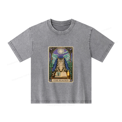 Pagewings The Reader Cat Tarot Cards Unisex Kids Washed T-shirt