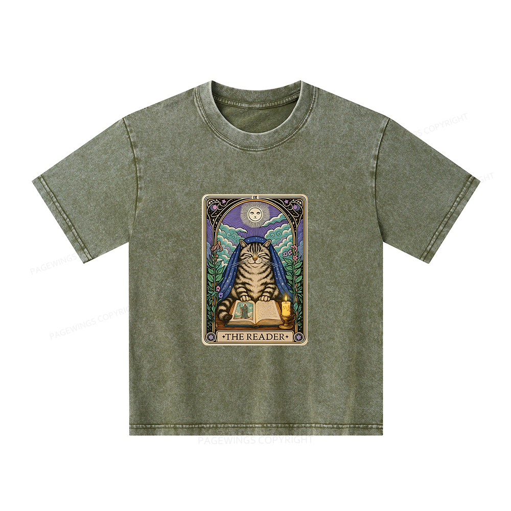 Pagewings The Reader Cat Tarot Cards Unisex Kids Washed T-shirt