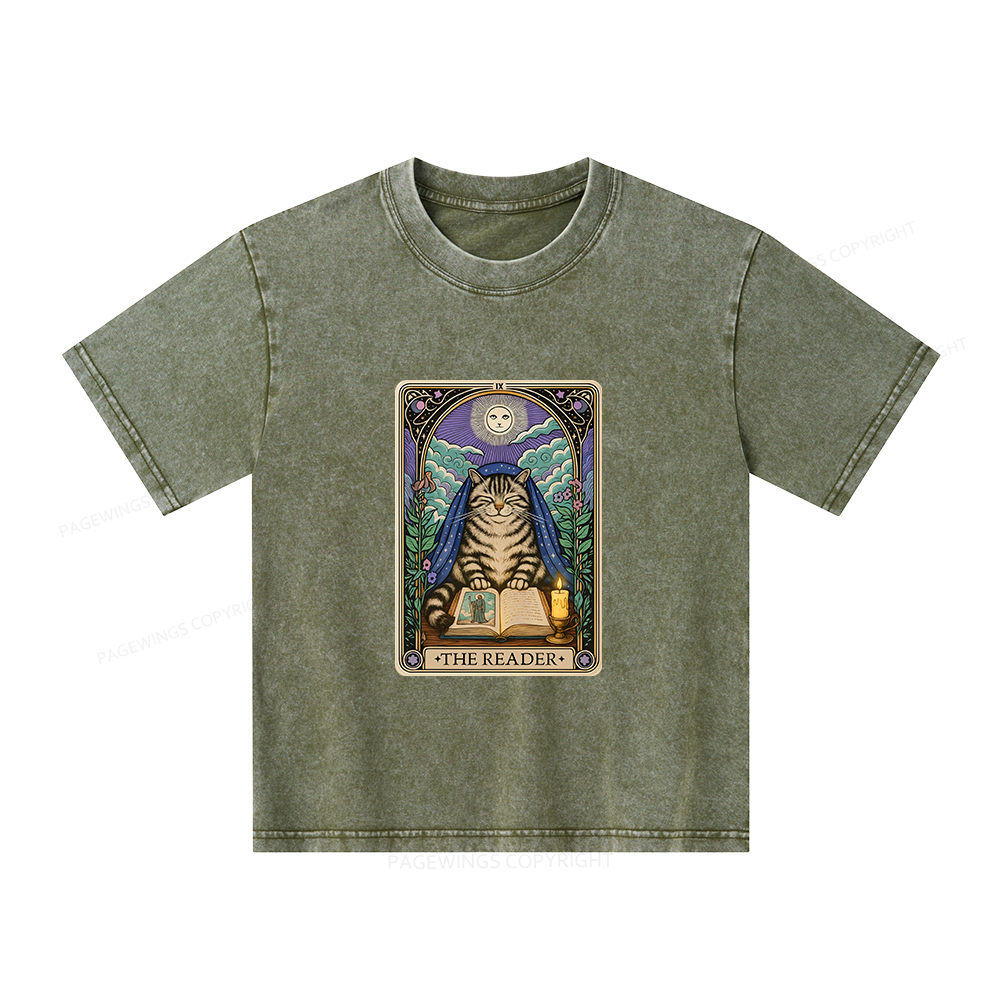 Pagewings The Reader Cat Tarot Cards Unisex Kids Washed T-shirt
