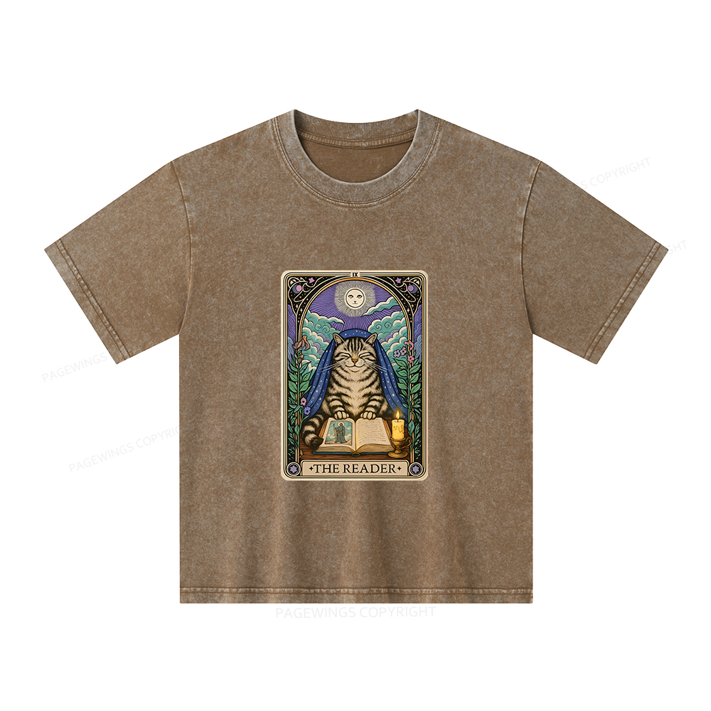 Pagewings The Reader Cat Tarot Cards Unisex Kids Washed T-shirt