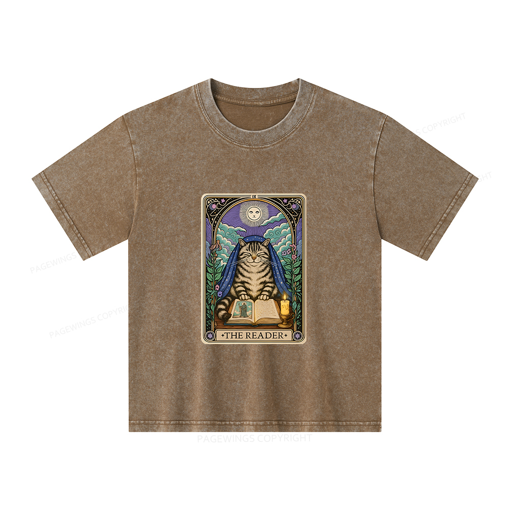 Pagewings The Reader Cat Tarot Cards Unisex Kids Washed T-shirt