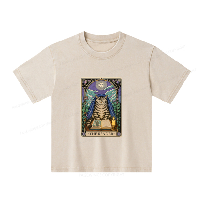 Pagewings The Reader Cat Tarot Cards Unisex Kids Washed T-shirt