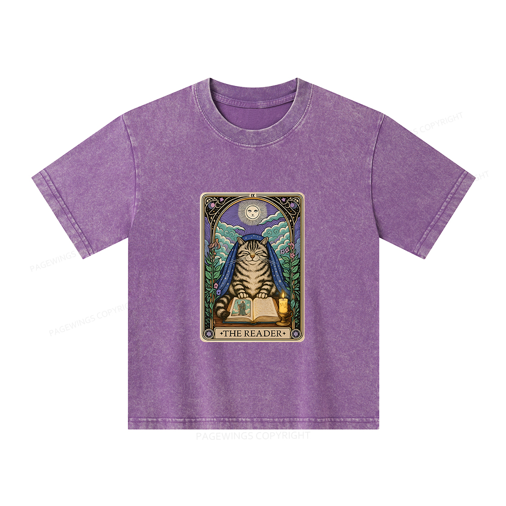 Pagewings The Reader Cat Tarot Cards Unisex Kids Washed T-shirt