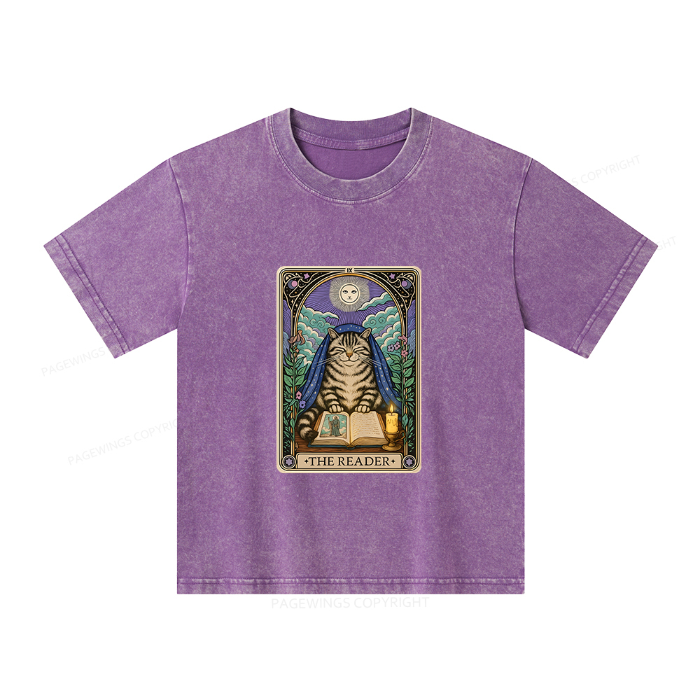 Pagewings The Reader Cat Tarot Cards Unisex Kids Washed T-shirt