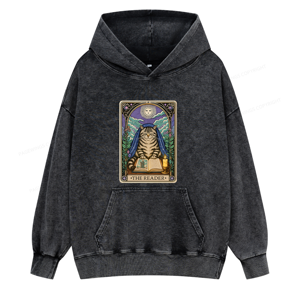Pagewings The Reader Cat Tarot Cards Unisex Washed Hoodie