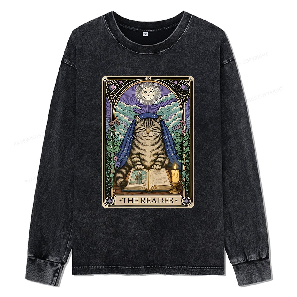 Pagewings The Reader Cat Tarot Cards Unisex Washed Long Sleeve T-shirt