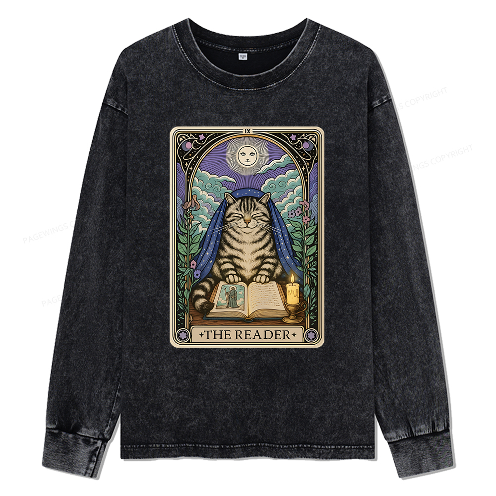 Pagewings The Reader Cat Tarot Cards Unisex Washed Long Sleeve T-shirt