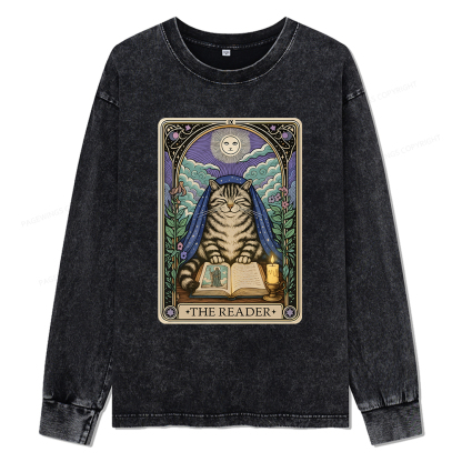 Pagewings The Reader Cat Tarot Cards Unisex Washed Long Sleeve T-shirt