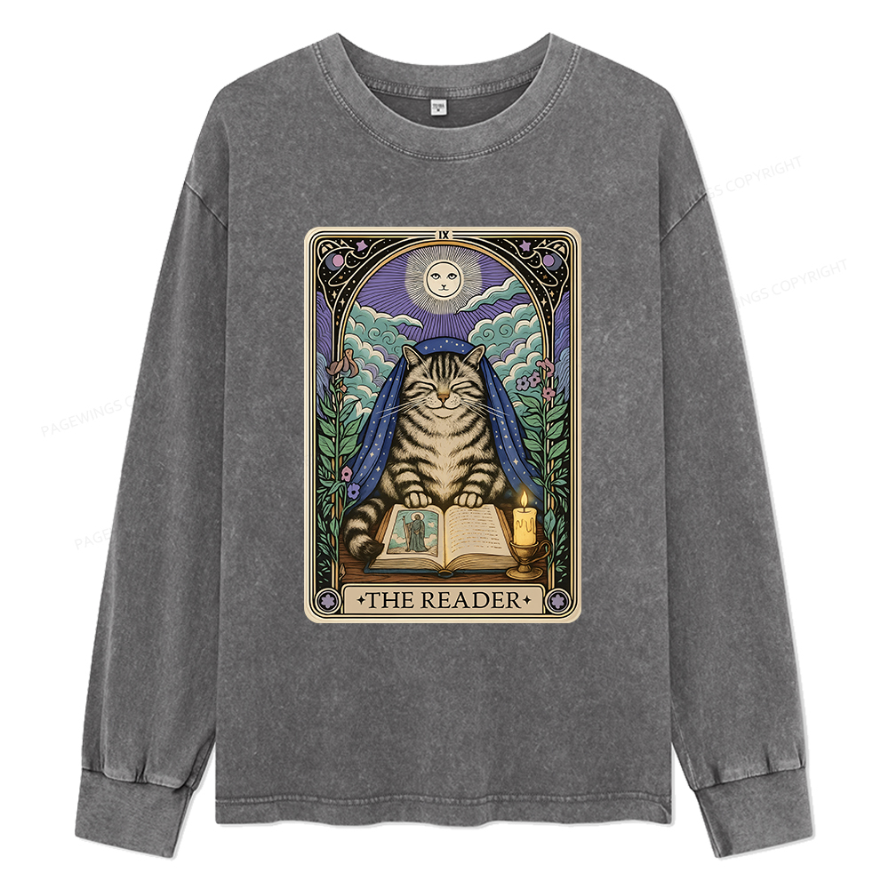 Pagewings The Reader Cat Tarot Cards Unisex Washed Long Sleeve T-shirt