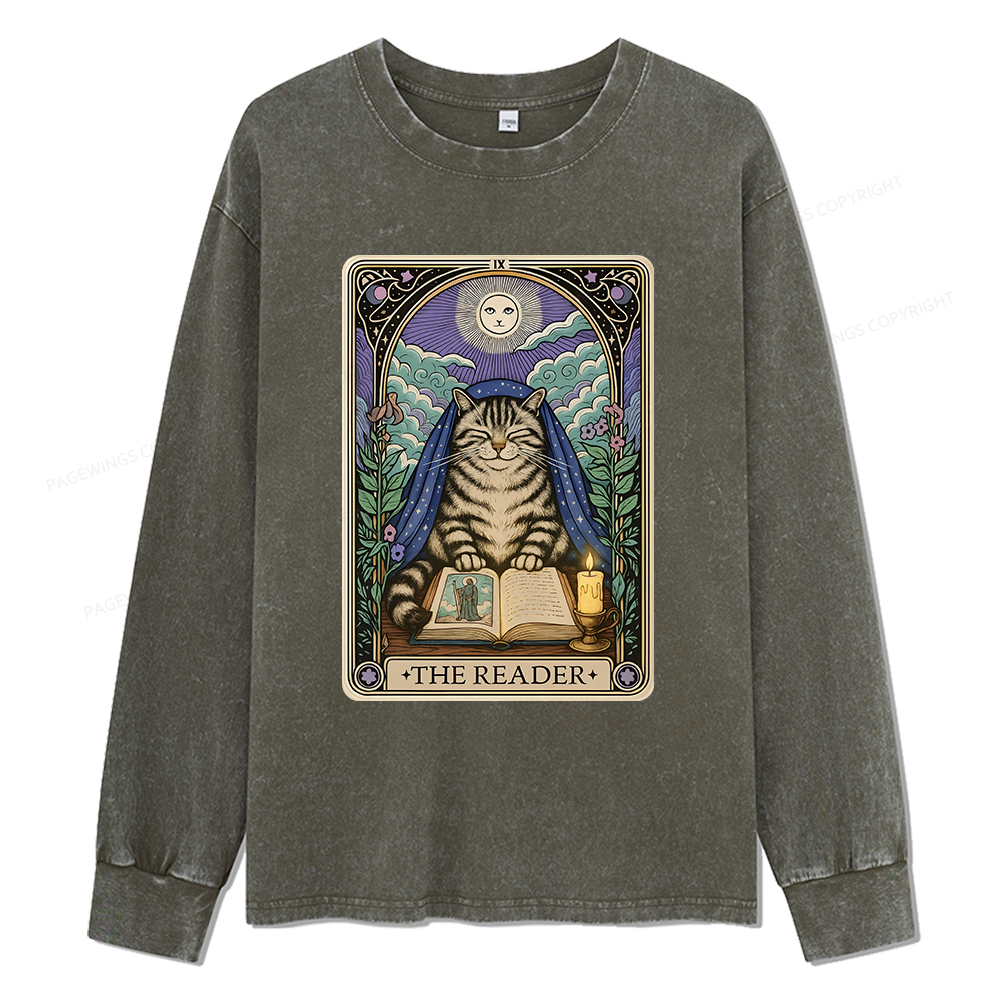 Pagewings The Reader Cat Tarot Cards Unisex Washed Long Sleeve T-shirt