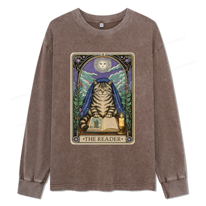 Pagewings The Reader Cat Tarot Cards Unisex Washed Long Sleeve T-shirt
