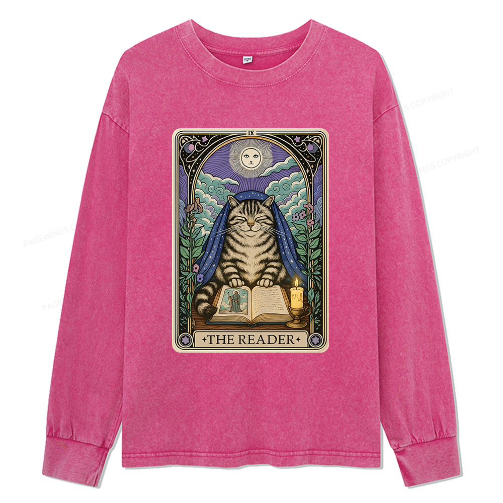 Pagewings The Reader Cat Tarot Cards Unisex Washed Long Sleeve T-shirt