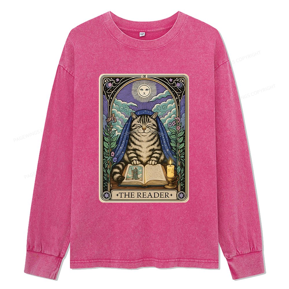 Pagewings The Reader Cat Tarot Cards Unisex Washed Long Sleeve T-shirt