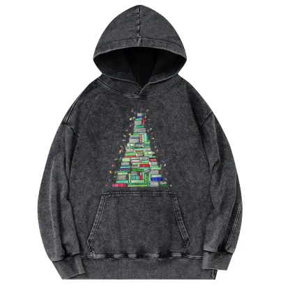 Pagewings Christmas Book Tree Unisex Washed Hoodie
