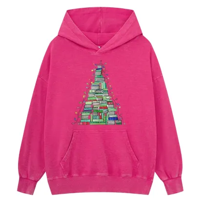 Pagewings Christmas Book Tree Unisex Washed Hoodie