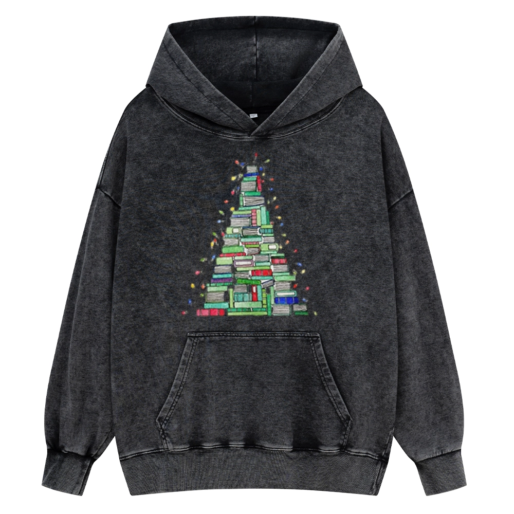 Pagewings Christmas Book Tree Unisex Washed Hoodie