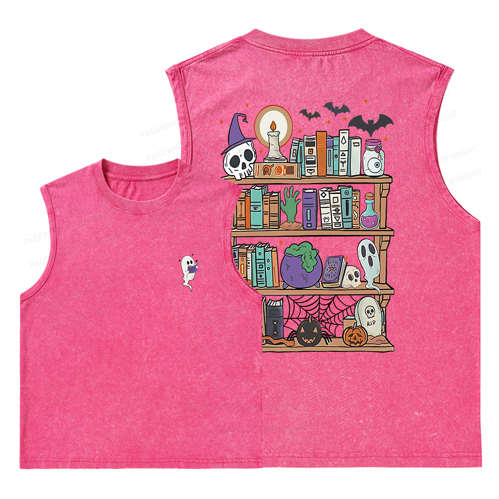 Pagewings Ghost Book Reader Halloween Unisex Washed Tank Top