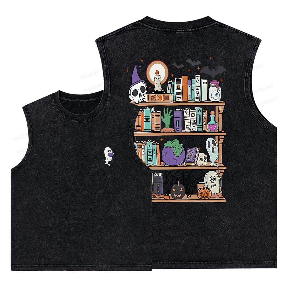 Pagewings Ghost Book Reader Halloween Unisex Washed Tank Top