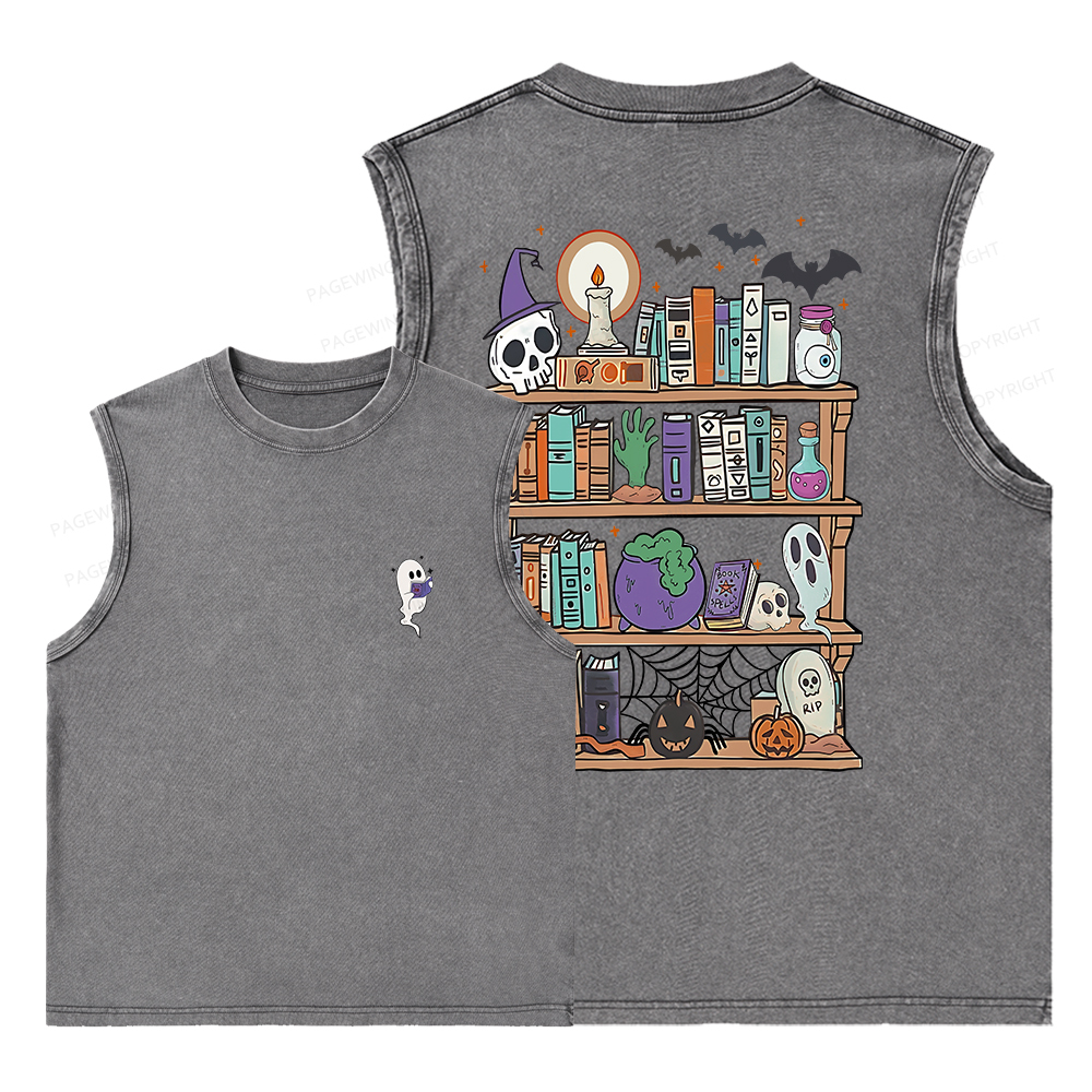 Pagewings Ghost Book Reader Halloween Unisex Washed Tank Top