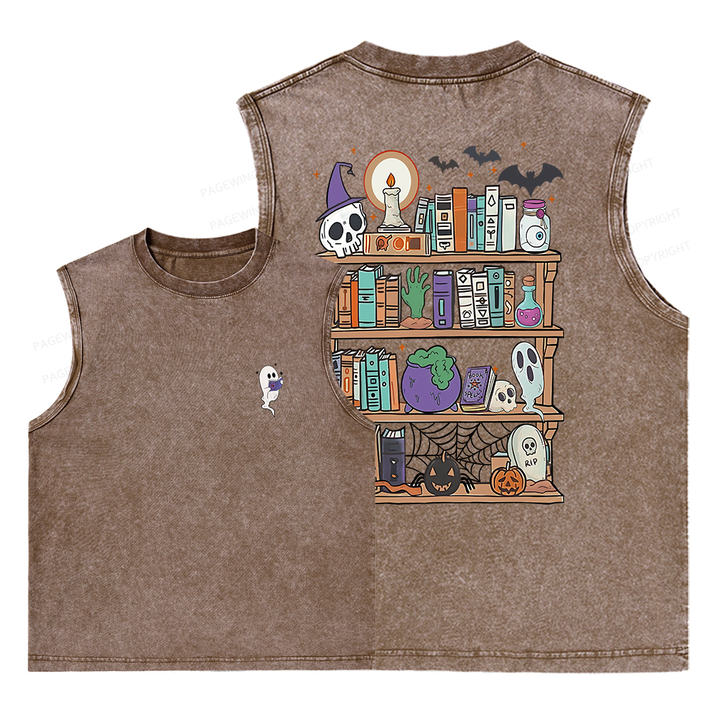 Pagewings Ghost Book Reader Halloween Unisex Washed Tank Top