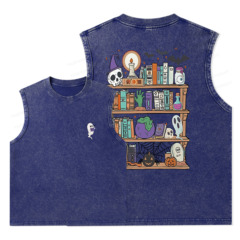 Pagewings Ghost Book Reader Halloween Unisex Washed Tank Top