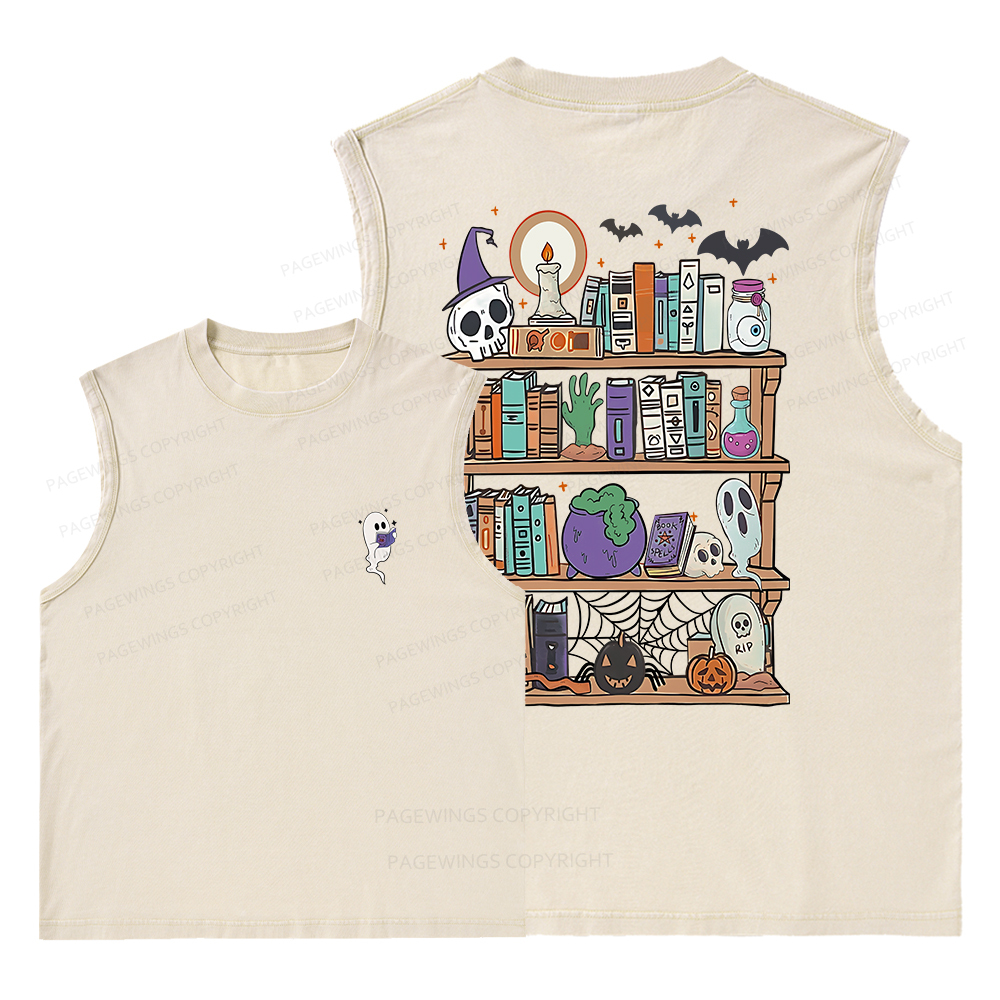 Pagewings Ghost Book Reader Halloween Unisex Washed Tank Top
