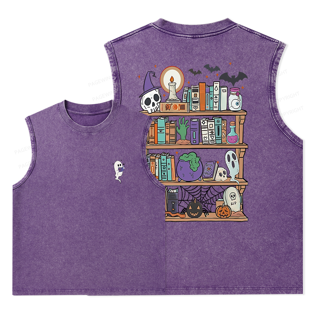 Pagewings Ghost Book Reader Halloween Unisex Washed Tank Top
