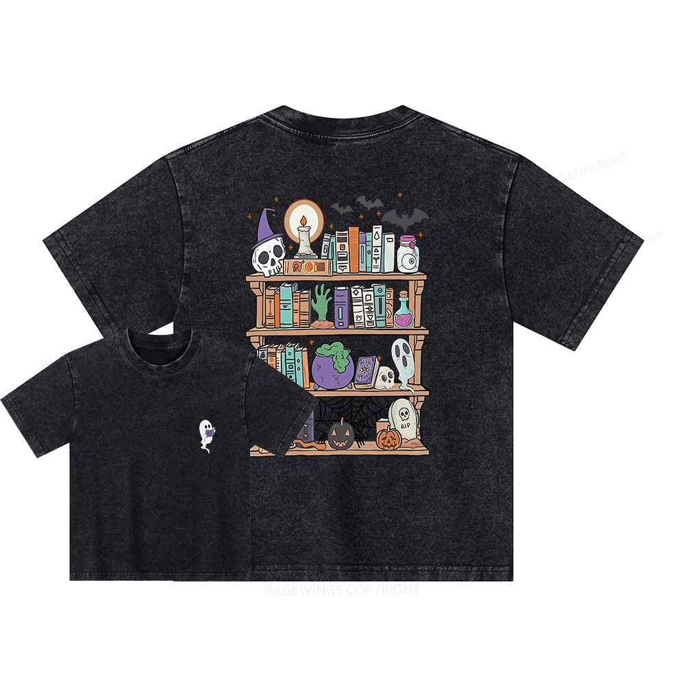 Pagewings Ghost Book Reader Halloween Unisex Kids Washed T-shirt