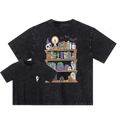 Pagewings Ghost Book Reader Halloween Unisex Kids Washed T-shirt