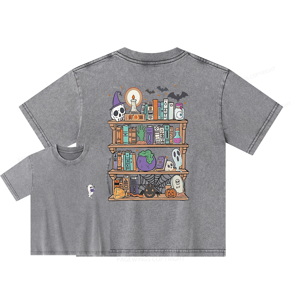 Pagewings Ghost Book Reader Halloween Unisex Kids Washed T-shirt