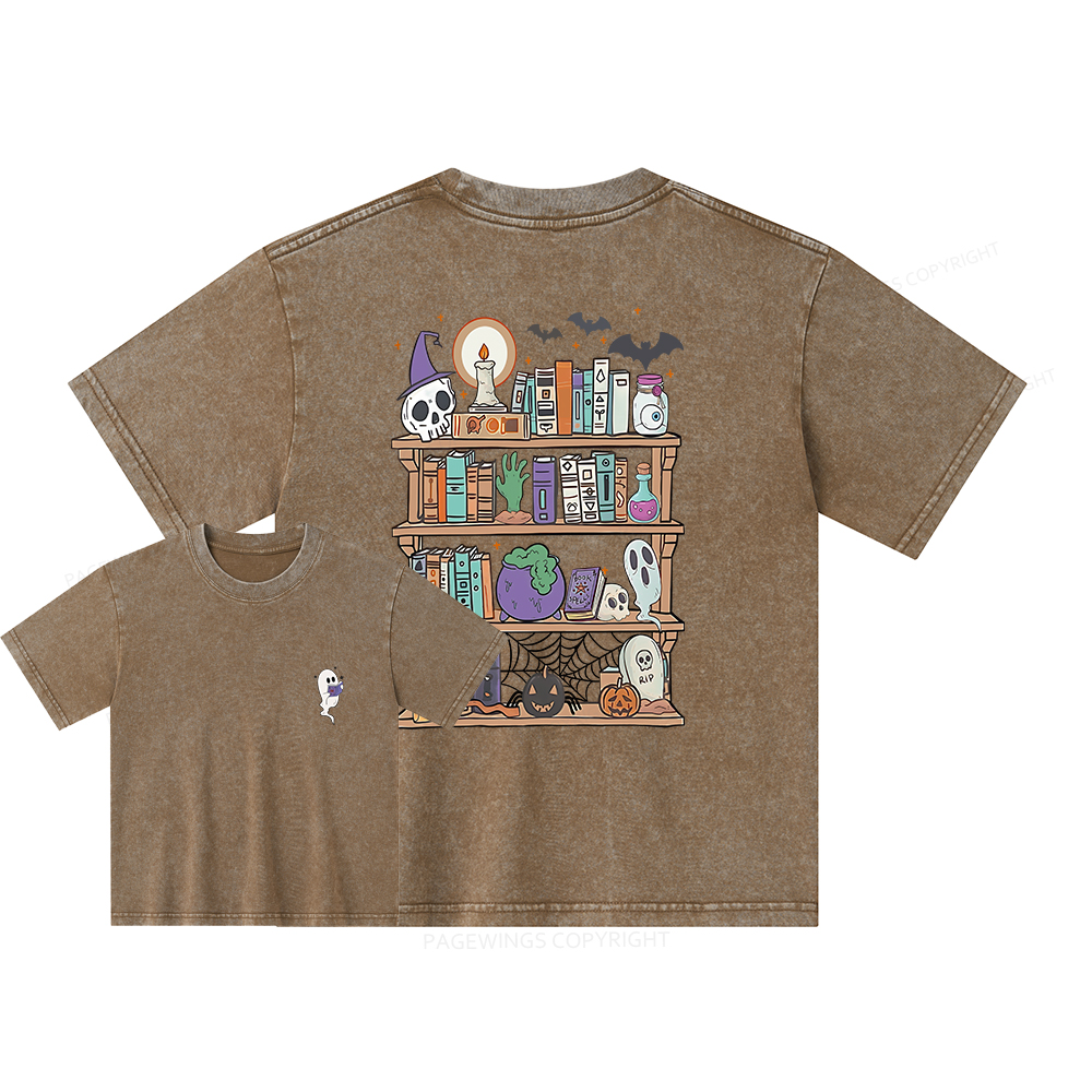 Pagewings Ghost Book Reader Halloween Unisex Kids Washed T-shirt