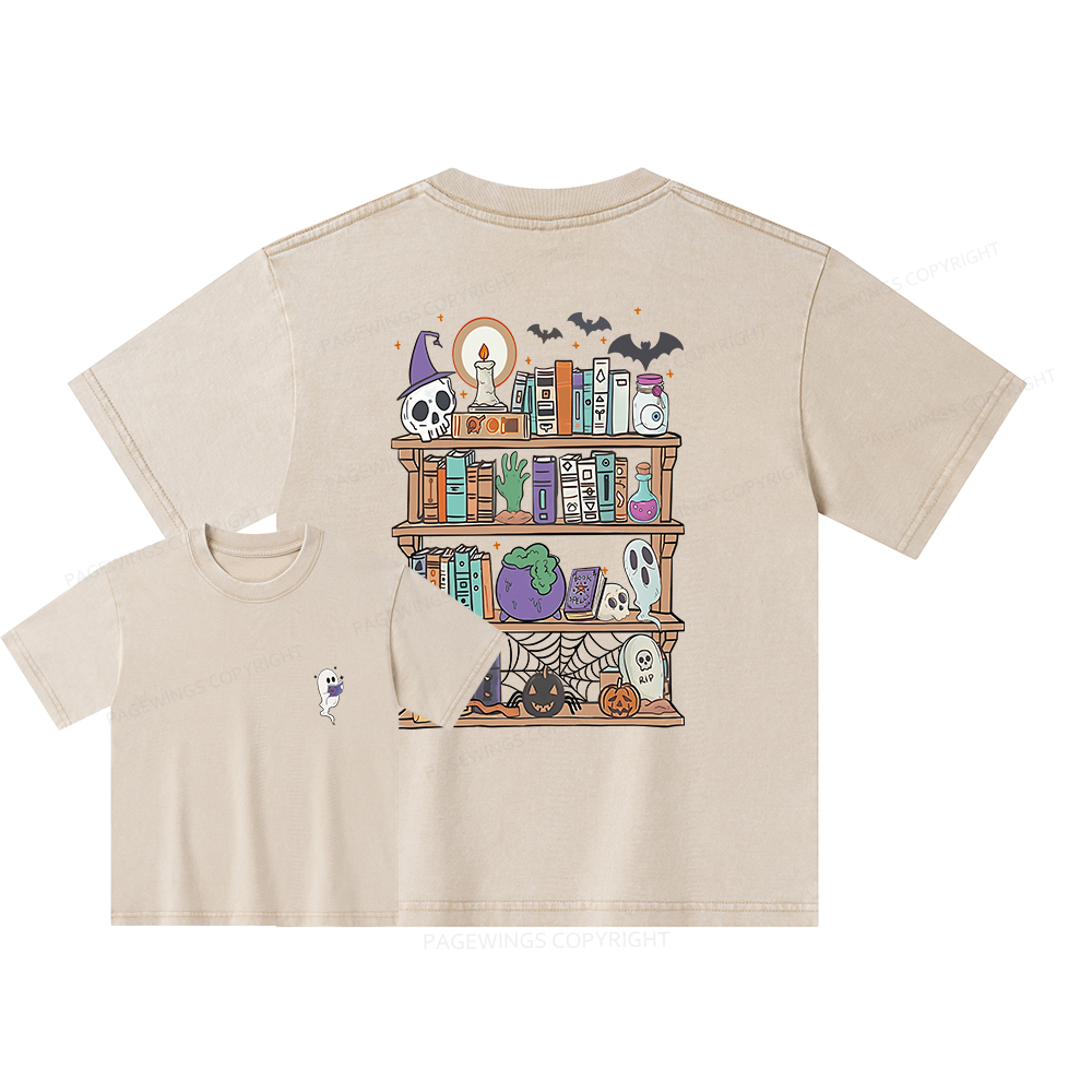Pagewings Ghost Book Reader Halloween Unisex Kids Washed T-shirt