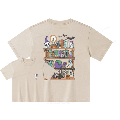 Pagewings Ghost Book Reader Halloween Unisex Kids Washed T-shirt