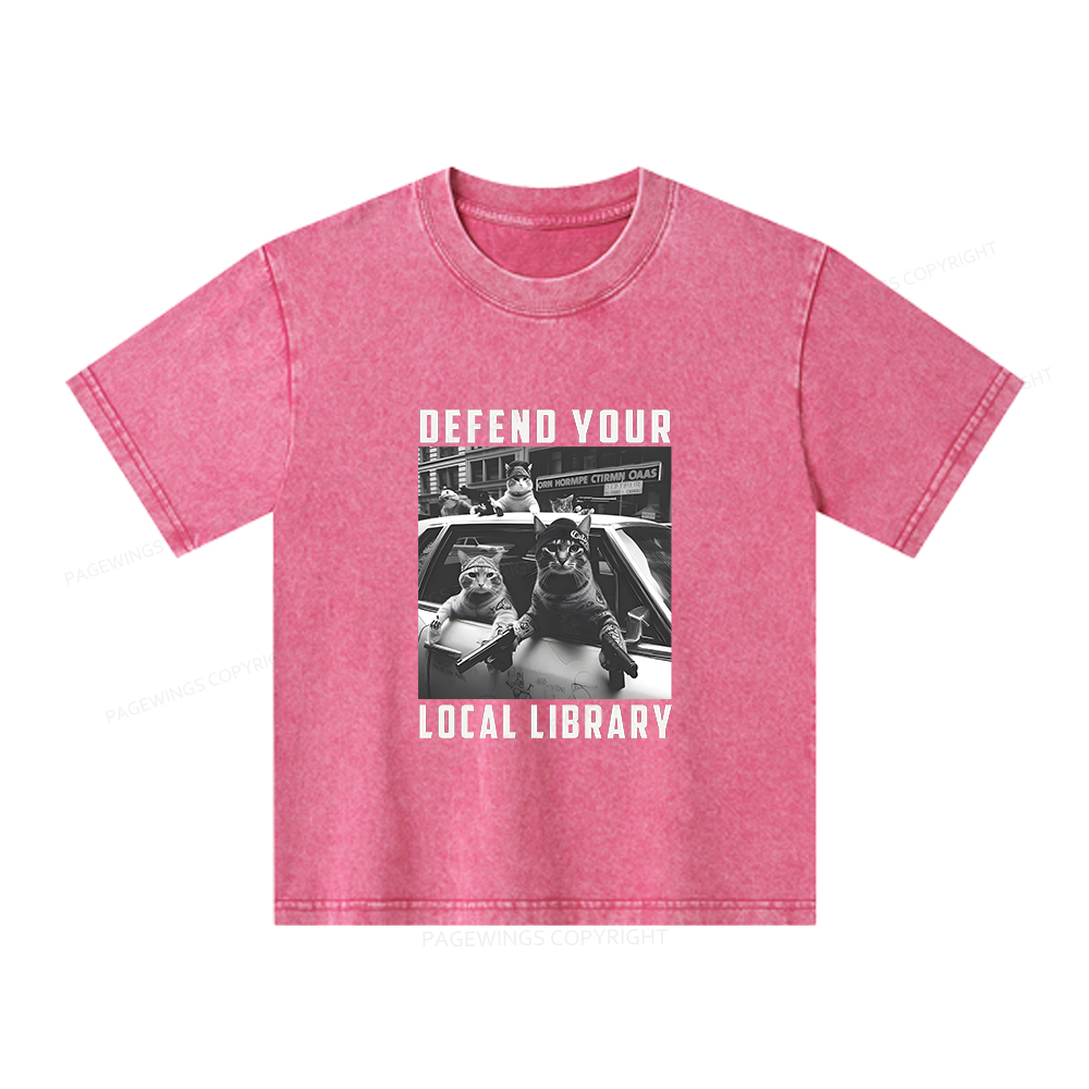 Pagewings Defend Your Local Library Unisex Kids Washed T-shirt