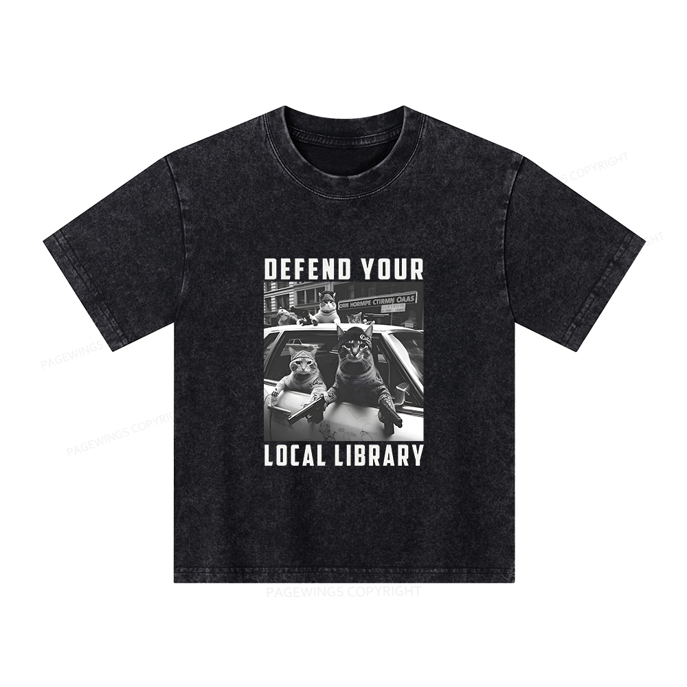 Pagewings Defend Your Local Library Unisex Kids Washed T-shirt
