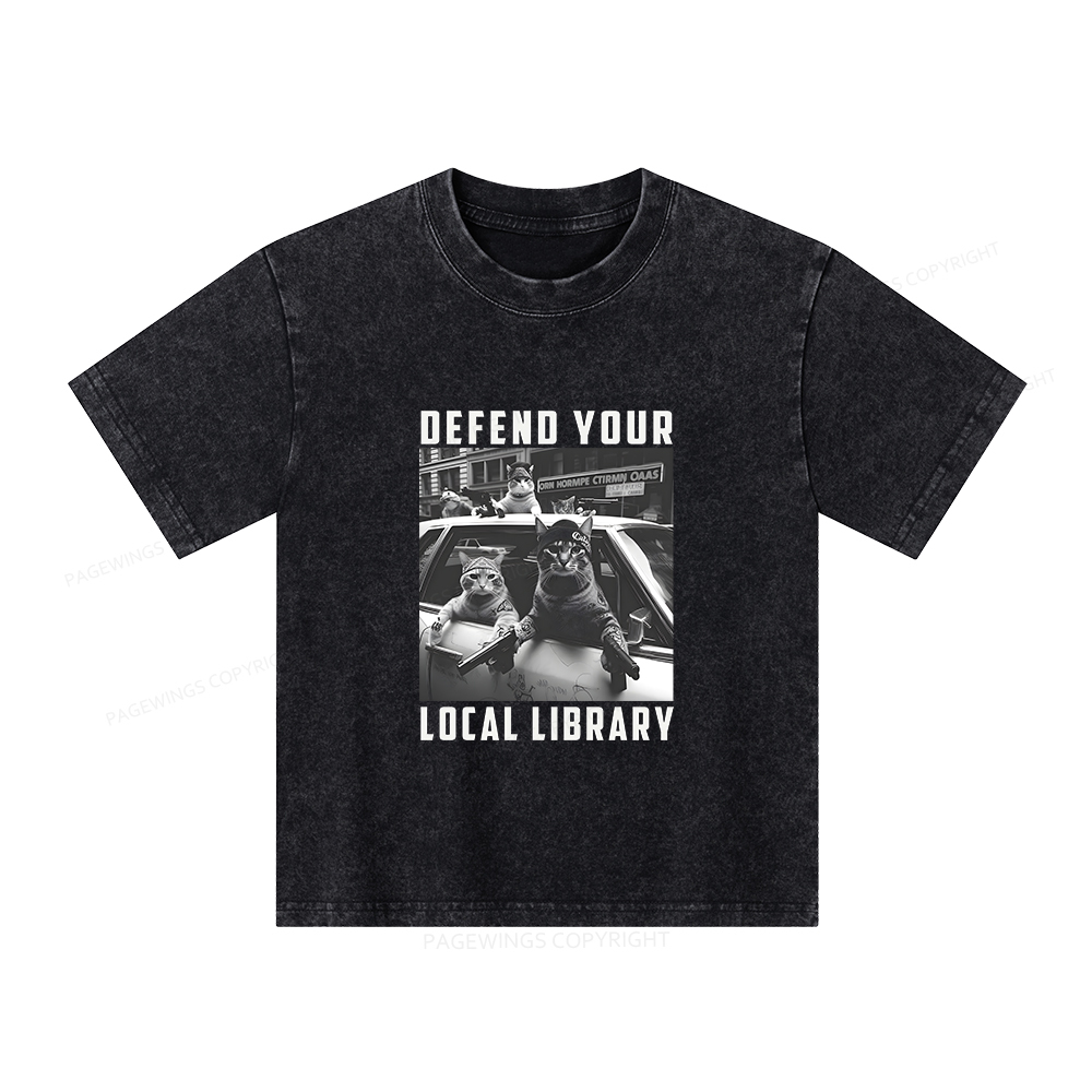 Pagewings Defend Your Local Library Unisex Kids Washed T-shirt