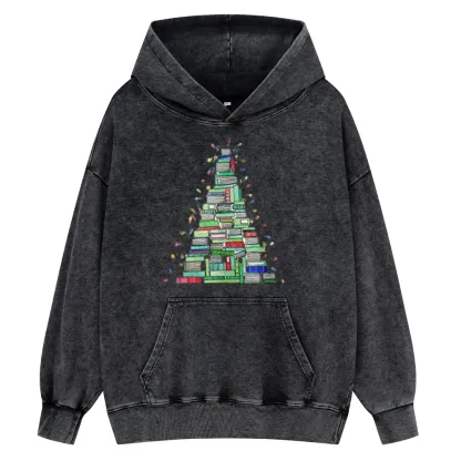 Pagewings Christmas Book Tree Unisex Washed Hoodie