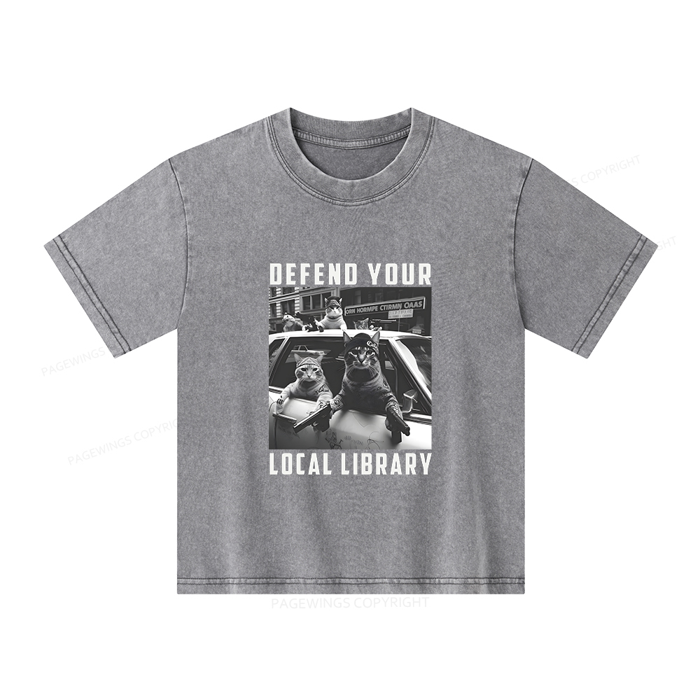 Pagewings Defend Your Local Library Unisex Kids Washed T-shirt