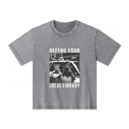 Pagewings Defend Your Local Library Unisex Kids Washed T-shirt