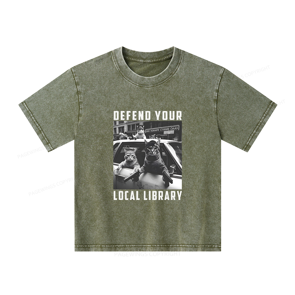 Pagewings Defend Your Local Library Unisex Kids Washed T-shirt