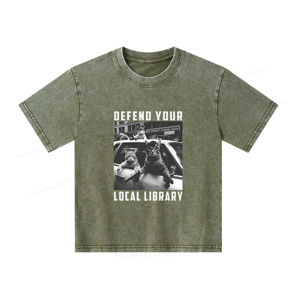 Pagewings Defend Your Local Library Unisex Kids Washed T-shirt