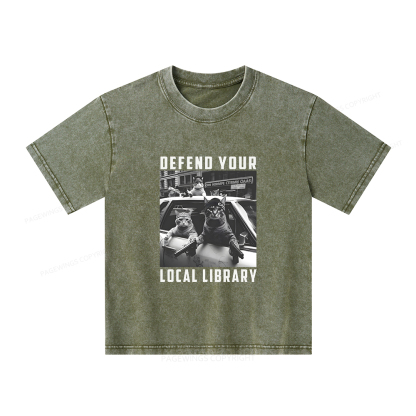 Pagewings Defend Your Local Library Unisex Kids Washed T-shirt