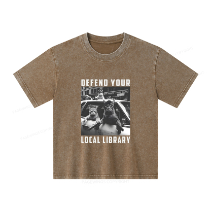 Pagewings Defend Your Local Library Unisex Kids Washed T-shirt