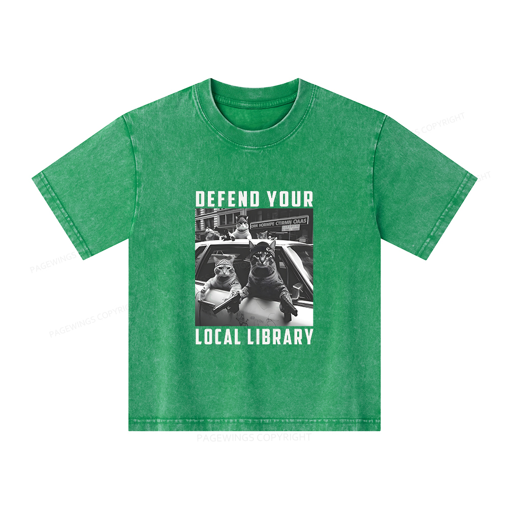 Pagewings Defend Your Local Library Unisex Kids Washed T-shirt
