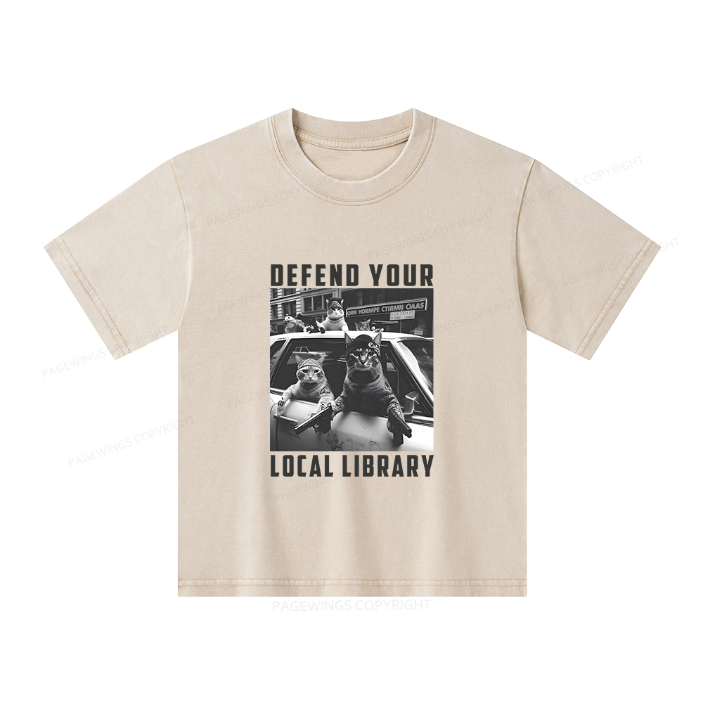 Pagewings Defend Your Local Library Unisex Kids Washed T-shirt